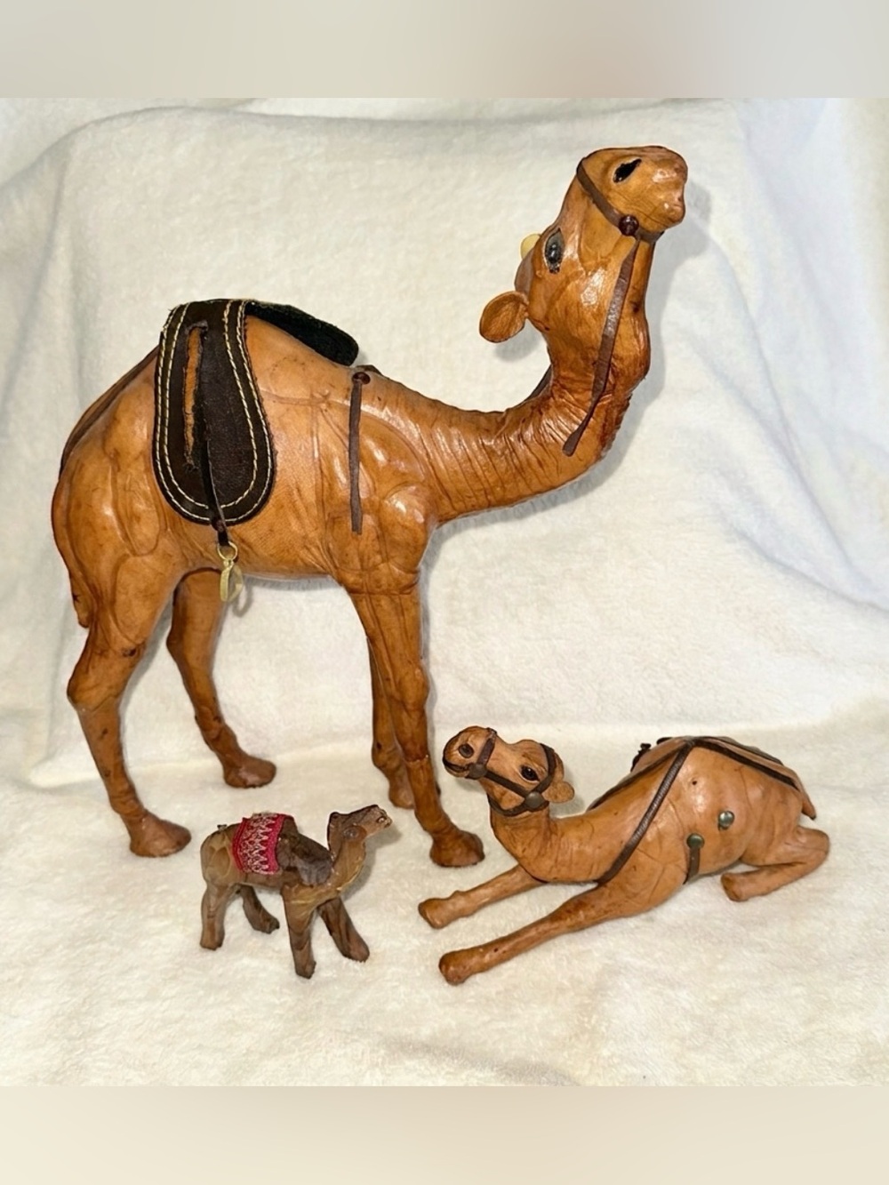 Vintage Leather Wood Camel Figurine Statue Lot 70s Boho Desert Decor 3pc Set